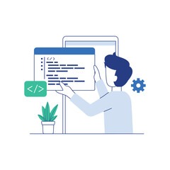 Software developer trial program code for mobile app flat vector illustration