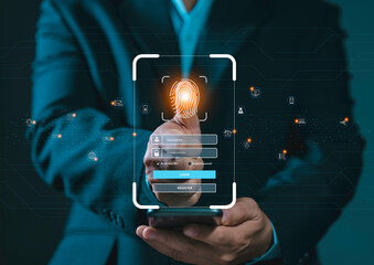 thumbs up with virtual fingerprint to scan biometric identity and access password to login. login to