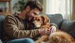 © Vadym - Man hugs his golden retriever dog on grey couch. Male owner pets his adorable dog. Friendship and love between human and animal at cozy home, pet therapy, togetherness.