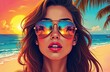 © Vadym - Fair skin woman in sunglasses on beach at sunset. Tropical vacation, palm tree reflects in glasses. Creative summer pop art illustration, vintage fashion, retro style. Holiday background.