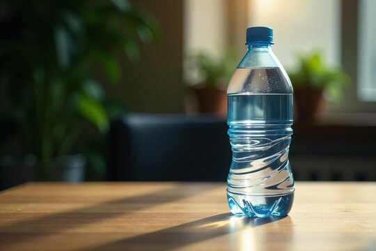 clear plastic water bottle on wooden table in low light, hydration, dark, still life
