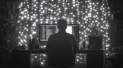Programmer coding late, lights, home office, night