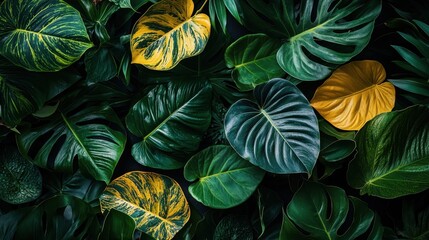 Wall Mural - lush green tropical leaves with variations in color and texture