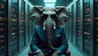 © Vadym - Stylish elephant in modern attire, wearing suit, sunglasses. Animal sits in server room among racks with computer equipment. Concept of big data, data center, IT sphere, cloud service provider.