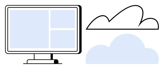 Computer monitor displaying segmented interface beside outlined and filled cloud shapes. Ideal for technology, cloud storage, online services, data access, digital tools, software, innovation. Flat