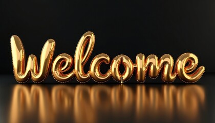 luxury golden welcome word with reflection on black surface. greeting text for events, weddings, pro