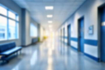 blurred of background. interior of a modern hospital with an empty long corridor. waiting room for patients and families between the corridor with bright white lights. treatment rooms and patient room