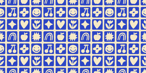 Wall Mural - fun blue geometric shape seamless pattern. abstract retro children style art background for kids, tr