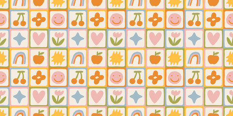Leinwandbilder - Fun colorful geometric shape seamless pattern. Abstract retro children style art background for kids, trendy design with geometry mosaic shapes. Simple childish patchwork wallpaper texture.