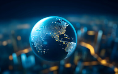 Wall Mural - Stunning view of Earth in space, showcasing glowing city lights and vast oceans. Perfect for illustrating global connections and exploration.