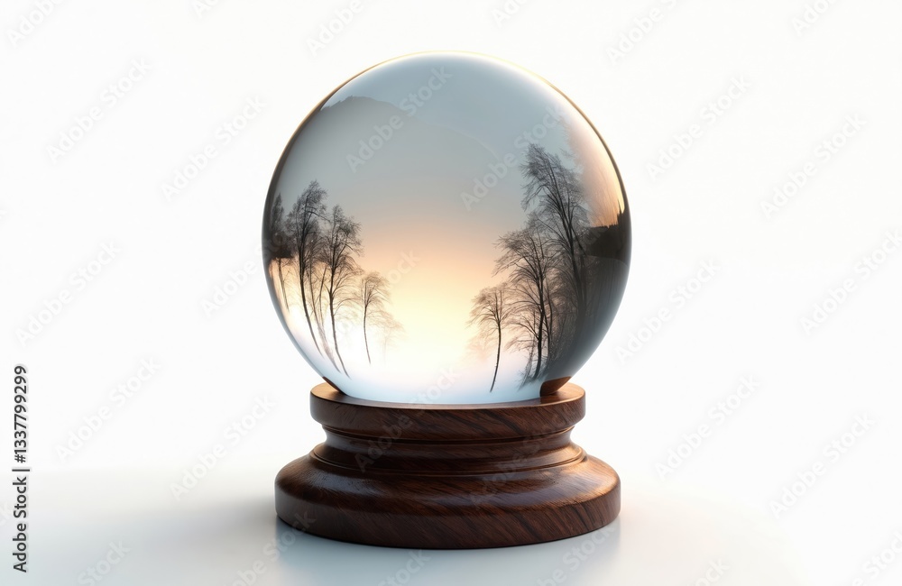 Crystal ball on wooden stand reflects winter forest with bare trees at sunrise. Magic sphere of fortune teller reflects nature, future. Mystical sorcerer accessory on white background forecasts