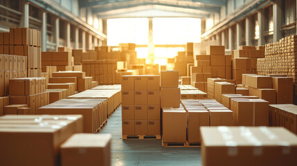 Aufkleber - Efficiently organized corrugated boxes in spacious warehouse, illuminated by warm sunlight, create productive atmosphere