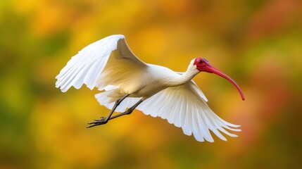 a beautiful white bird with a long red beak is flying