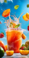 Poster - Refreshing Fruit Juice Splash with Bright Colors and Mint Leaves