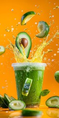 Poster - Fresh Avocado Drink Splash with Vibrant Orange Background