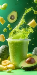 Poster - Refreshing Avocado Beverage with Splashes and Fresh Ingredients