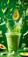 Poster - Fresh Green Avocado Smoothie Splash with Ingredients in Background
