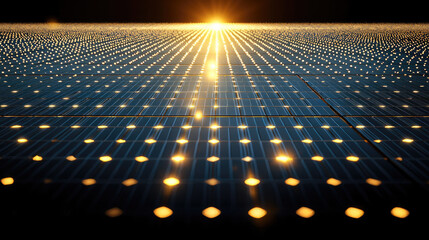 vast solar panel array glistens under warm glow of rising sun, showcasing renewable energy technology and sustainability