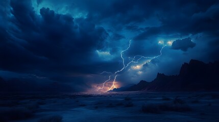 desert night storm dramatic lightning illuminates mountains