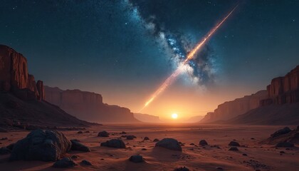 Wall Mural - Majestic meteor shower streaks across desert landscape under starry night sky. Fiery trails illuminate rock formations. Milky Way dazzles with celestial display. Barren terrain meets cosmic wonder.