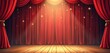 © Vadym - An image with red velvet curtains and wooden stage floor. Golden stars twinkle on drapes under spotlights. Theatre stage background with light and shadow, open curtains for performance or show.
