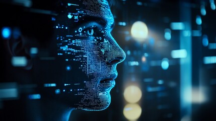 Digital Human Face with Glowing Data Points, Artificial Intelligence Concept