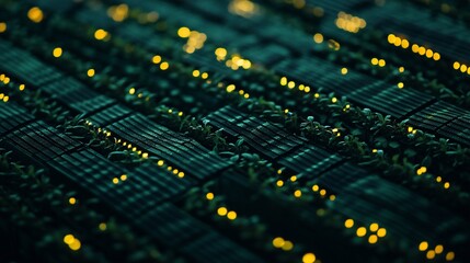 Abstract close-up of glowing lights and plants on a dark, grid-like surface