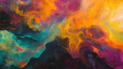 Aufkleber - Abstract swirling vibrant colors, teal, orange, pink, purple, and black paint mixing.