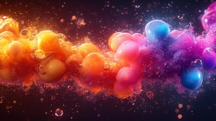 Poster - Abstract vibrant colorful swirls of liquid with bubbles in dark background.
