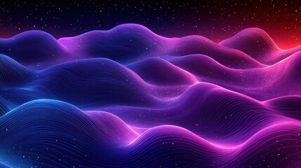 Poster - Abstract wavy landscape with glowing neon lines and particles.