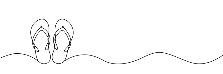 Flip flops continuous one line drawing, single line art element, minimalist sketch line vector illustration, summer travel holiday concept. Hand drawn Editable stroke.