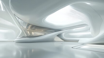 Poster - Abstract white futuristic interior design with smooth, flowing curves and reflective surfaces.
