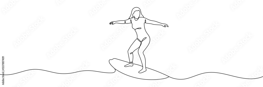One continuous line drawing of professional girl surfer in action riding waves on blue ocean. Hand drawn Editable stroke