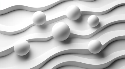 Poster - Abstract white spheres on undulating surface.