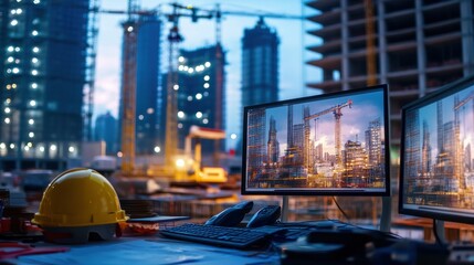 Aufkleber - Construction site overview on computer screens at night.