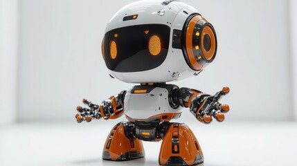 Fototapete - Cute white and orange robot with open arms on white background.