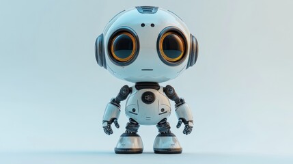Fototapete - Cute white robot with big eyes, standing against a light blue background.