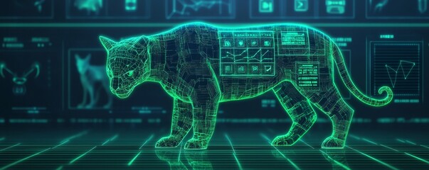 Biodiversity wildlife conservation program concept. Futuristic cat design with neon circuitry glowing against a tech background.