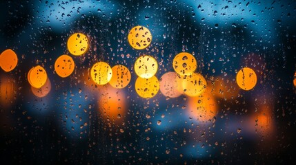 Wall Mural - radiant golden bokeh lights, adorned with water droplets on glass, conjure a magical ambiance. blurr