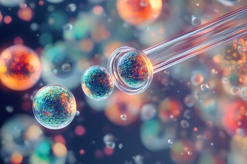 Poster - Microscopic Spheres and Glass Pipette in a Colorful Background Abstract Biomedical Illustration