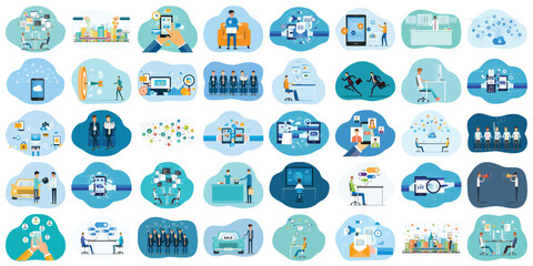 Poster - set vector illustration design concept. business cartoon character activity. social network, and online video meetings. smart city. development team working. real estate investment. digital marketing.