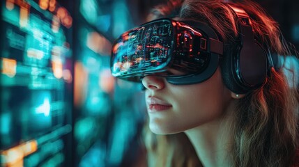 Woman using VR headset, immersed in digital world.