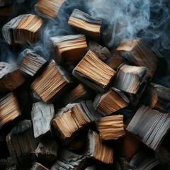 Leinwandbilder - Pile of Charred Wood Emitting Wisps of Smoke, Revealing Golden Interior Layers with Distinct Grain Patterns in Shadowy Ambient Light