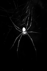 Black and white photo of a spider on its web at night.