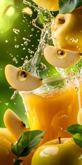 Poster - Refreshing Apple Juice Splash with Sliced Apples and Green Background