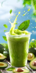 Poster - Refreshing Avocado Smoothie in Clear Cup with Splash Effect