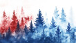 © Schmidt - watercolor illustration of red and blue pine forest on white or transparent background