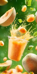 Poster - Refreshing Melon Beverage Splash with Mint Leaves and Juicy Fruits