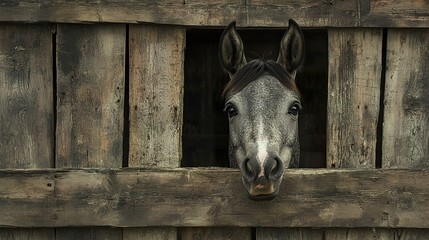 Canvas Print - a gentle horse gazes out from its cozy stall, ears pricked forward, with rustic wooden walls framing