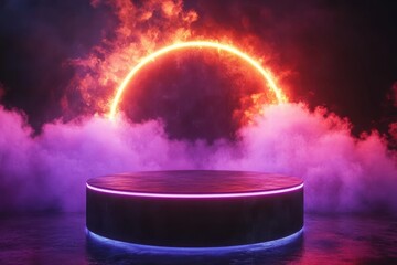 Poster - Abstract Futuristic Platform with Neon Lights and Smoke